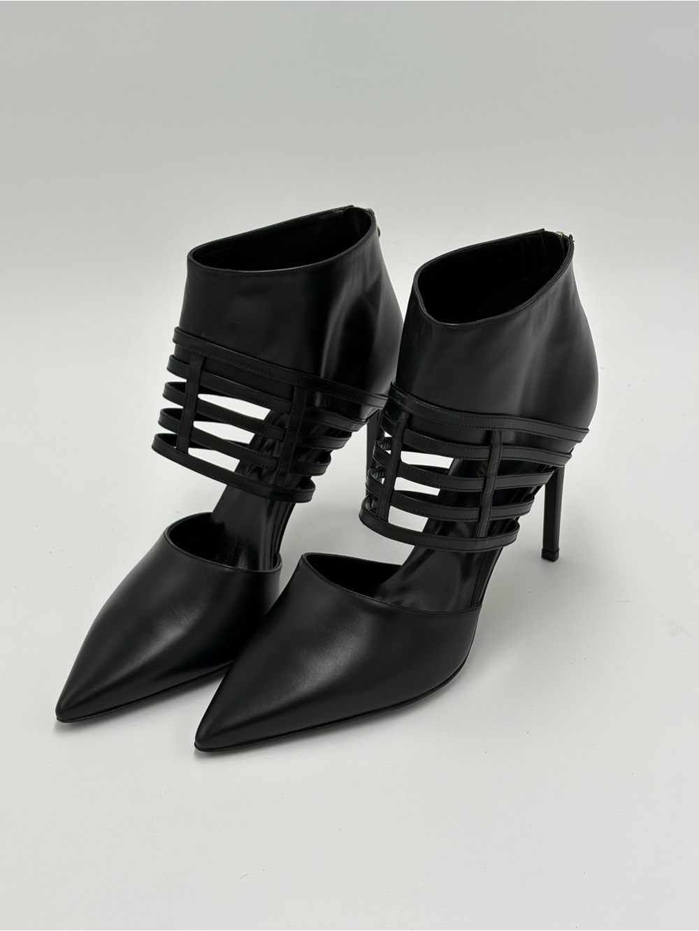 Delman Black Strappy Pointed-Toe Stiletto Ankle Boots